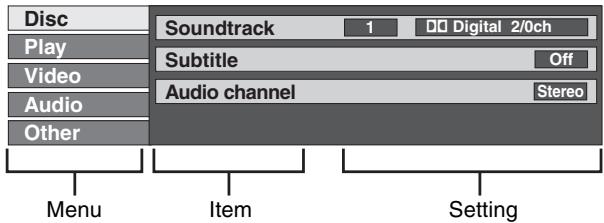 Disc Play Video Audio Other Soundtrack 1 DD Digital 2/0ch Subtitle Off Audio channel Stereo Menu Item Setting