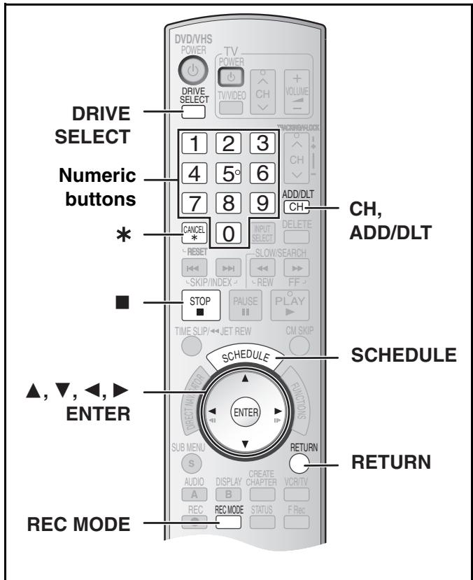DRIVE SELECT Numeric buttons * * ■ ▲, ▼, ◀, ► ENTER REC MODE DVD/VHS POWER TV POWER DRIVE SELECT 1 2 3 4 5° 6 7 8 9 CANCEL 0 INPUT SELECT RESET SLOW/SEARCH SKIP/INDEX REW FF STOP PAUSE TIME SLIP/←JET REW CM SKIP SCHEDULE ENTER SUB MENU S AUDIO A REC REC MODE CREATE CHAPTER VCR/TV STATUS F Rec CH, ADD/DLT CHANGE/HLOCK VOLUME