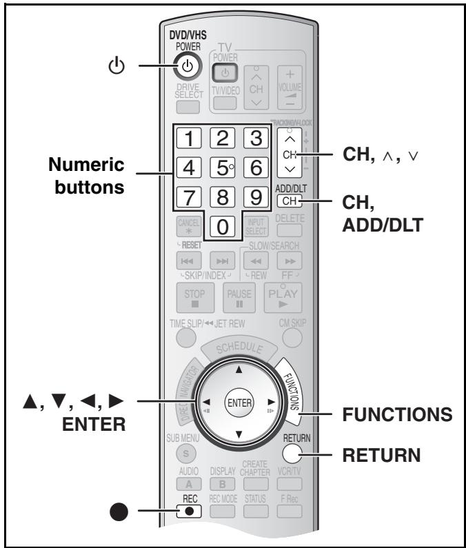 DVD/VHS POWER TV POWER DRIVE SELECT TV/VIDEO CH VOLUME - 1 2 3 4 5° 6 7 8 9 0 Ch, ^, ∨ ADD/DLT CH, CANCEL * INPUT SELECT DELETE ~RESET SLOW/SEARCH ~SKIP/INDEX ~REW FF STOP PAUSE PLAY TIME SLIP/←JET REW CM SKIP SCHEDULE FUNCTIONS ▲, ▼, ←, ► ENTER SUB MENU S AUDIO DISPLAY CREATE VCR/TV A B CHAPTER REC REC MODE STATUS F Rec RETURN FUNCTIONS RETURN