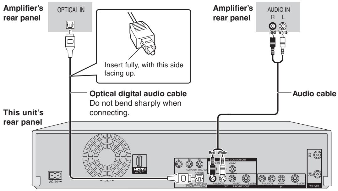 Amplifier's rear panel OPTICAL IN Insert fully, with this side facing up. Amplifier's rear panel AUDIO IN R L Red White Audio cable This unit's rear panel Optical digital audio cable Do not bend sharply when connecting. AC IN~ HDMI AV OUT Red White VISA COMMON OUT VIDEO COMPONENT VIDEO OUT OPTICAL Digital Audio OUT INCOM/STREAM R-AUDIO OVID VIDEO PRIORITY OUT R-AUDIO-L VIDEO INT S VIDEO VHF/HF