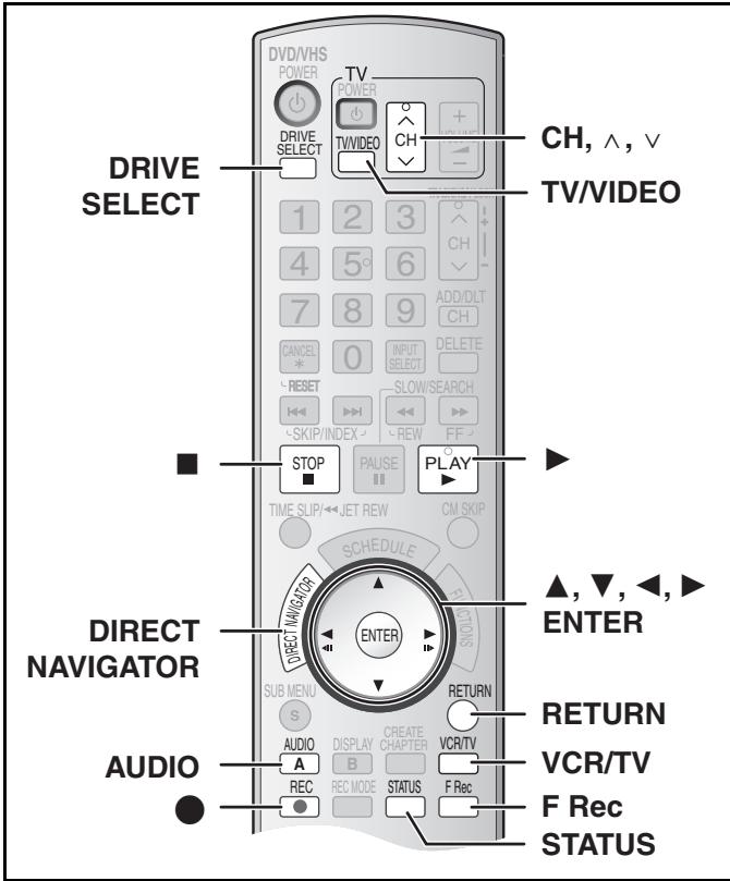 DVD/VHS POWER TV POWER DRIVE SELECT TV/VIDEO CH + - CH, ^, ∨ TV/VIDEO 1 2 3 4 5 6 7 8 9 ADD/DLT CH CANCEL 0 INPUT SELECT RESET SLOW/SEARCH SKIP/INDEX REW FF STOP PAUSE PLAY TIME SLIP/←JETREW CM SKIP SCHEDULE DIRECT NAVIGATOR ENTER SUB MENU RETURN AUDIO DISPLAY CREATE VCR/TV A B CHAPTER REC REC MODE STATUS F Rec F Rec STATUS DIRECT NAVIGATOR AUDIO RETURN VCR/TV F Rec STATUS