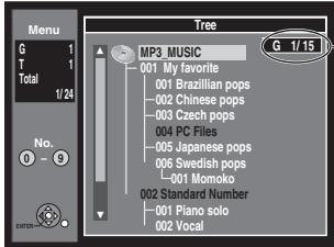 Menu G 1 T 1 Total 1/24 No. 0 - 9 ENTER Tree MP3 MUSIC 001 My favorite 001 Brazilian pops 002 Chinese pops 003 Czech pops 004 PC Files 005 Japanese pops 006 Swedish pops -001 Momoko 002 Standard Number 001 Piano solo 002 Vocal G 1/15