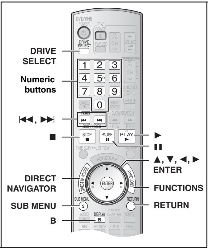 DRIVE SELECT Numeric buttons ↓↓↓, ►► ■ DIRECT NAVIGATOR SUB MENU B DVD/VHS POWER TV POWER DRIVE SELECT 1 2 3 4 5° 6 7 8 9 CANCEL 0 INPUT SELECT SLOW/SEARCH ←→ REW FF STOP PAUSE PLAY TIME SLIP/←JETREW CAN/SUP SCHEDULE ENTER FUNCTIONS SUB MENU S RETURN AUDIO B REC REC MODE STATUS F Rec