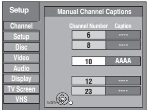 Setup Channel Setup Disc Video Audio Display TV Screen VHS Manual Channel Captions Channel Number Caption 6 ---- 8 ---- 10 AAAA 12 ---- 23 ---- ENTER