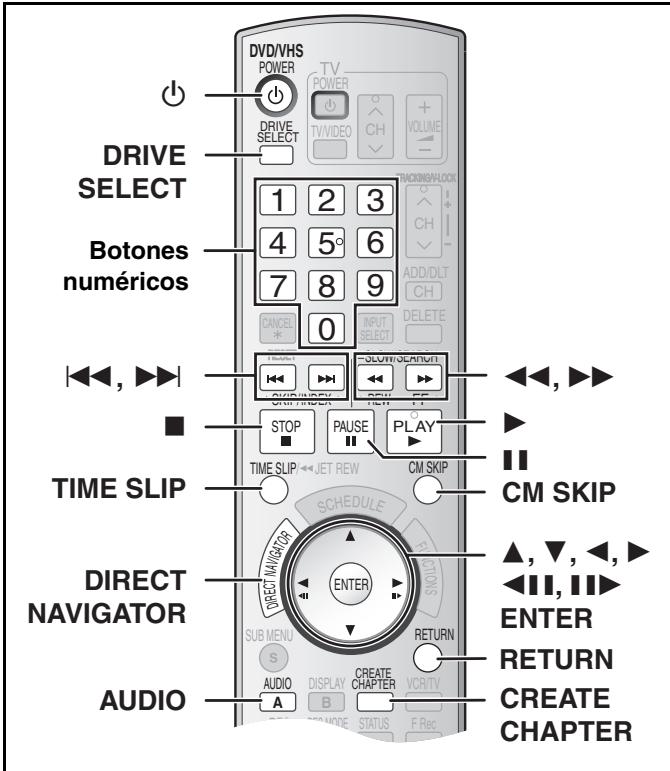 DRIVE SELECT Botones numéricos TIME SLIP DIRECT NAVIGATOR AUDIO DVD/VHS POWER TV POWER DRIVE SELECT 1 2 3 4 5° 6 7 8 9 CANCEL 0 STOP PAUSE PLAY TIME SLIP/←JET REW CM SKIP SCHEDULE ENTER SUB MENU S AUDIO DISPLAY B CREATE CHAPTER VCR/TV STATUS F Rec CHANGE/LOCK ADD/DLT CH DELETE ▶, ▶▶ ▶, ▶▶ ▶, ▶▶, ▶▶, ▶▶, ▶▶, ▶▶, ▶▶, ▶▶, ▶▶, ▶▶, ▶▶, ▶▶, ▶▶, ▶▶, ▶▶, ▶▶, ▶▶, ▶▶, ▶▶, ▶▶, ▶▶, ▶▶, ▶▶, ▶▶, ▶▶, ▶▶, ▆, ▼, ▼, ▼, ▼, ▼, ▼, ▼, ▼, ▼, ▼, ▼, ▼, ▼, ▼, ▼, ▼, ▼, ▼, ▼, ▼, ▼, ▼, ▼, ▼, ▼, ▼, ▼, ▼, ▼, ▼, ▼, ▼, ▼, ▼
