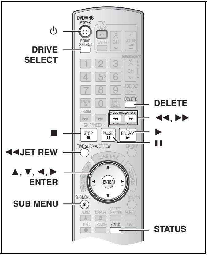 DVD/VHS POWER TV POWER TV/VIDEO CH VOLUME - DRIVE SELECT 1 2 3 4 5° 6 7 8 9 ADD/DLT CH CANCEL 0 INPUT SELECT RESET SKIP/INDEX DELETE OLUT/SCAROUT ROW FF STOP PAUSE PLAY TIME SLIP/JET REW CM SKIP SCHEDULE FUNCTION DIRECT NAME ENTER SUB MENU RETURN AUDIO DISPLAY CREATE VCR/TV A B VCR/TV REC REC MODE STATUS F Rec STATUS ▲, ▼, ←, ► ENTER ▲, ↓, ←, ► SUB MENU
