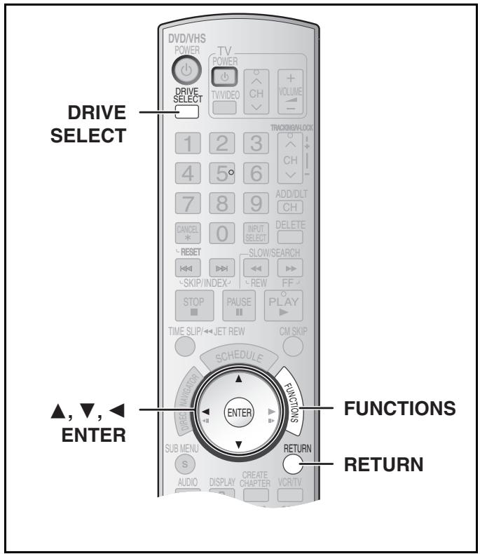 DRIVE SELECT 1 2 3 4 5° 6 7 8 9 CANCEL 0 INPUT RESET SLOW/SEARCH SKIP/INDEX REW FF STOP PAUSE PLAY TIME SLIP←JETREW CM SKIP SCHEDULE FUNCTIONS ▲,▼,◀ ENTER SUB MENU RETURN AUDIO DISPLAY CREATE CHAPTER VCR/TV FUNCTIONS RETURN