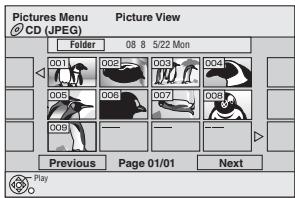 Pictures Menu Picture View CD (JPEG) Folder 08 8 5/22 Mon 001 002 003 004 006 007 008 009 Previous Page 01/01 Next Play