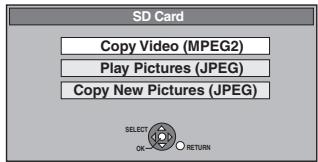 SD Card Copy Video (MPEG2) Play Pictures (JPEG) Copy New Pictures (JPEG) SELECT OK RETURN