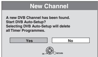 New Channel A new DVB Channel has been found. Start DVB Auto-Setup? Selecting DVB Auto-Setup will delete all Timer Programmes. Yes No OK RETURN