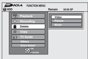 DIGA FUNCTION MENU HDD Playback Recording Delete Copy TV Guide Others Drive Select OK RETURN Remain 30:00 SP Video Picture Music
