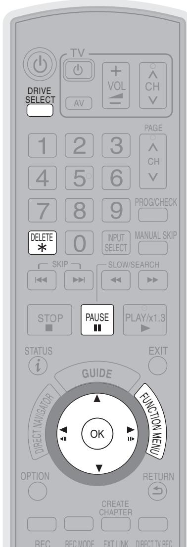 DRIVE SELECT TV + VOL AV CH PAGE ^ CH 7 8 9 PROG/CHECK DELETE * 0 INPUT SELECT MANUAL SKIP SKIP SLOW/SEARCH STOP ■ PAUSE PLAY/x1.3 STATUS i GUIDE EXIT DIRECT NAVIGATOR FUNCTION MENU OPTION RETURN CREATE CHAPTER REC REC MODE EXT LINK DIRECT TV REC