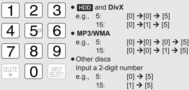 1 2 3 4 5° 6 7 8 9 DELETE 0 INPUT SELECT • HDD and DivX e.g., 5: [0] →[0] → [5] 15: [0] →[1] → [5] • MP3/WMA e.g., 5: [0] →[0] → [0] → [5] 15: [0] →[0] → [1] → [5] • Other discs Input a 2-digit number e.g., 5: [0] → [5] 15: [1] → [5]