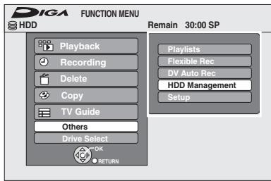 DIGA FUNCTION MENU HDD Remain 30:00 SP Playback Recording Delete Copy TV Guide Others Drive Select OK RETURN Playlists Flexible Rec DV Auto Rec HDD Management Setup