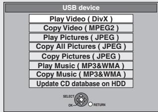 USB device Play Video ( DivX ) Copy Video ( MPEG2 ) Play Pictures ( JPEG ) Copy All Pictures ( JPEG ) Copy Pictures ( JPEG ) Play Music ( MP3&WMA ) Copy Music ( MP3&WMA ) Update CD database on HDD SELECT OK RETURN