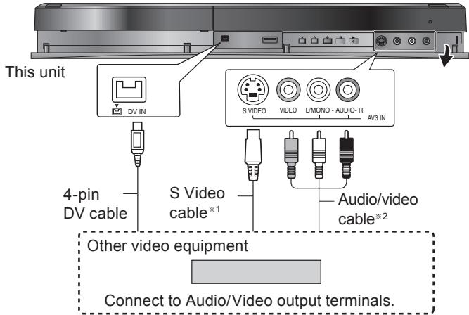 This unit DV IN S VIDEO VIDEO L/MONO - AUDIO-R AV3 IN 4-pin DV cable S Video cable*1 Audio/video cable*2 Other video equipment Connect to Audio/Video output terminals.