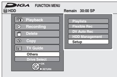 DIGA FUNCTION MENU HDD Remain 30:00 SP Playback Recording Delete Copy TV Guide Others Drive Select OK RETURN Playlists Flexible Rec DV Auto Rec HDD Management Setup