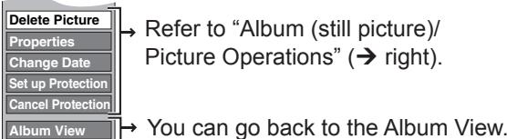 Delete Picture Properties Change Date Set up Protection Cancel Protection Album View Refer to "Album (still picture)/ Picture Operations" (→ right). You can go back to the Album View.