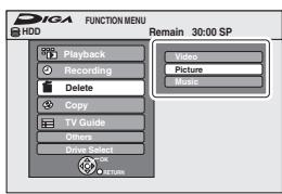 DIGA FUNCTION MENU HDD Playback Recording Delete Copy TV Guide Others Drive Select OK RETURN Remain 30:00 SP Video Picture Music