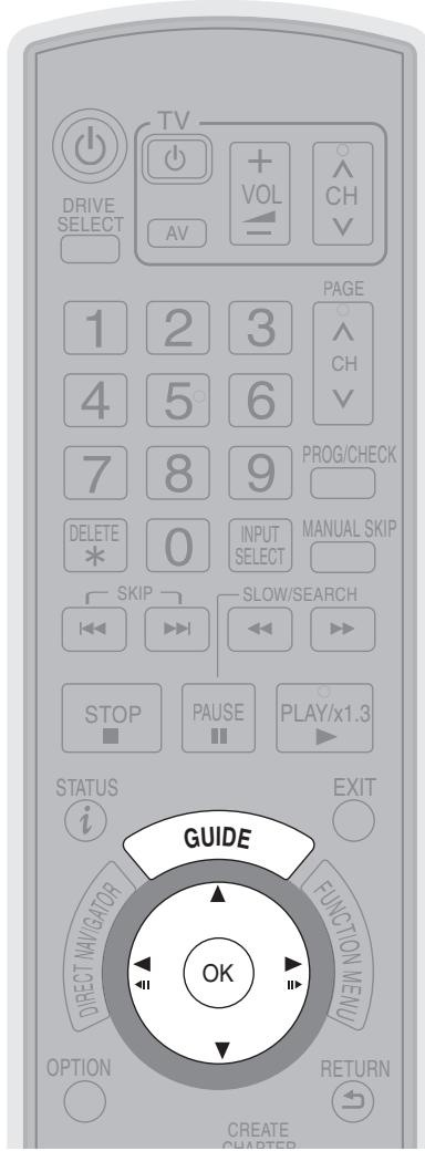DRIVE SELECT TV AV VOL + - CH PAGE CH 1 2 3 4 5° 6 7 8 9 PROG/CHECK DELETE 0 INPUT SELECT MANUAL SKIP SKIP SLOW/SEARCH STOP PAUSE PLAY/x1.3 STATUS EXIT GUIDE FUNCTION MENU DIRECT NAVIGATOR OPTION RETURN CREATE CHARTER
