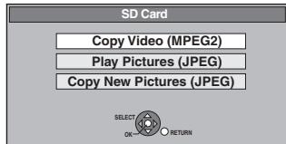 SD Card Copy Video (MPEG2) Play Pictures (JPEG) Copy New Pictures (JPEG) SELECT OK RETURN
