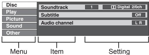 Disc Play Picture Sound Other Soundtrack 1 Digital 2/0ch Subtitle Off Audio channel L R Menu Item Setting