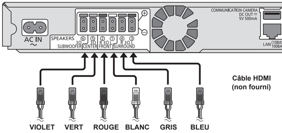 AC IN SPEAKERS ⑥ ⑤ ② ① ④ ③ SUBWOOFER CENTER FRONT SURROUND COMMUNICATION CAMERA DC OUT ≈ 5V 500mA LAN (10BAS) 100BA Câble HDMI (non fourni) VIOLET VERT ROUGE BLANC GRIS BLEU