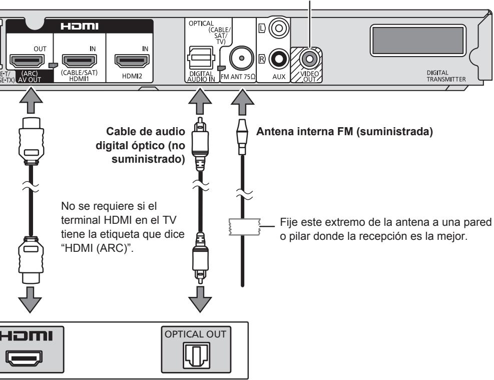 HDMI OUT IN IN Cable de audio digital óptico (no suministrado) No se requiere si el terminal HDMI en el TV tiene la etiqueta que dice "HDMI (ARC)". Antena interna FM (suministrada) Fije este extremo de la antena a una pared o pilar donde la recepción es la mejor. OPTICAL OUT DIGITAL AUDIO IN FM ANT 75Ω AUDIO OUT DIGITAL TRANSMITTER