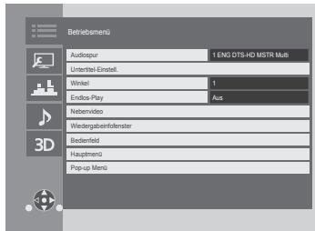 Betriebmernü Audiospur 1 ENG DTS-HD MSTR Multi Unteritel-Einstell Winkel 1 Endos-Play Aus Netevideo Wiedergabenbefenster Badenfeld Hauptmeni Pop-up Menu