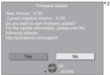 Firmware Update New Version: X.XX Current Installed Version: X.XX Do you want to start firmware update? For the update information, please visit the following website: http://panasonic.net/support/ Yes No OK RETURN