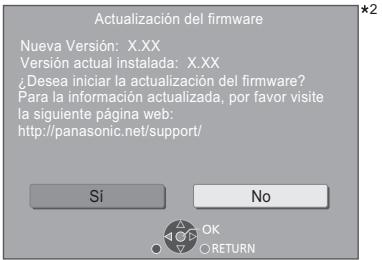 Actualización del firmware Nueva Versión: X.XX Versión actual instalada: X.XX ¿Desea iniciar la actualización del firmware? Para la información actualizada, por favor visite la siguiente página web: http://panasonic.net/support/ Sí No OK RETURN