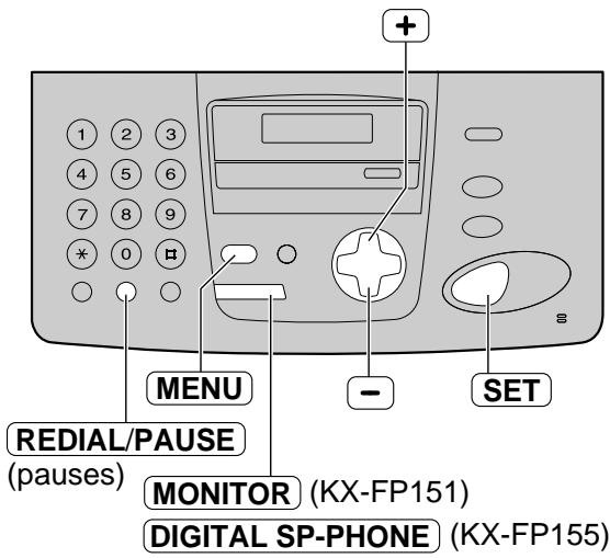 1 2 3 4 5 6 7 8 9 * 0 H MENU - SET REDIAL/PAUSE (pauses) MONITOR (KX-FP151) DIGITAL SP-PHONE (KX-FP155)