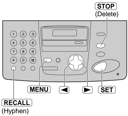 STOP (Delete) MENU RECALL (Hyphen) SET