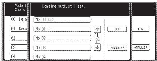 Mode f Choix Domaine auth.utilisat. 60 Dela 61 Doma 62 63 64 No. 00 abc No. 01 pcc No. 02 No. 03 No. 04 ↑ 01/02 ↓ O K ANNULER O K ANNULER