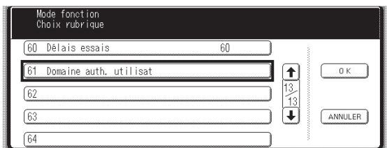 Mode fonction Choix rubrique 60 Délais essais 60 61 Domaine auth. utilisat 62 63 64 13 13 OK ANNULER
