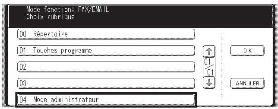 Mode fonction: FAX/EMAIL Choix rubrique 00 Répertoire 01 Touches programme 02 03 04 Mode administrateur