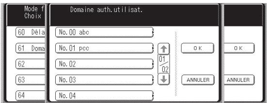 Mode f Choix Domaine auth.utilisat. 60 Dela No. 00 abc 61 Doma No. 01 pcc 62 No. 02 63 No. 03 64 No. 04 ↑ 01 02 ↓ OK ANNULER OK ANNULER