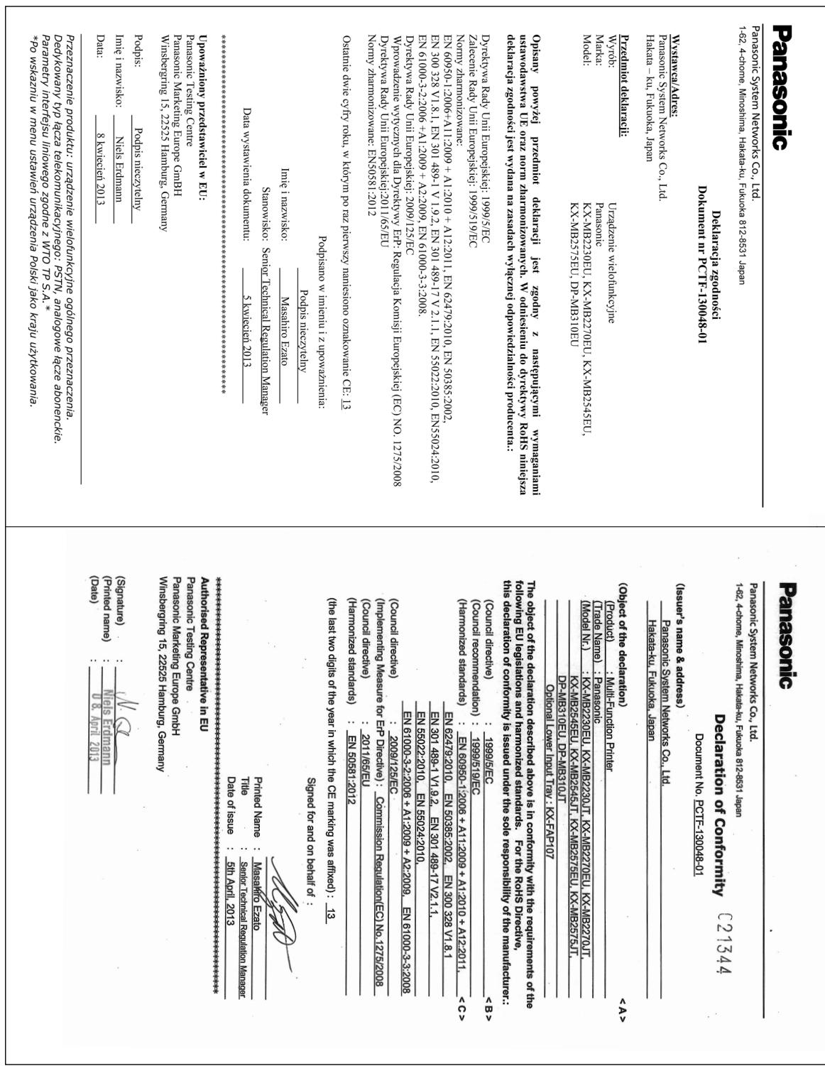 PANASONIC KXMB2515EU - Déclaration de conformité (modèles avec télécopieur intégré uniquement) (pour les utilisateurs en Pologne) - 1