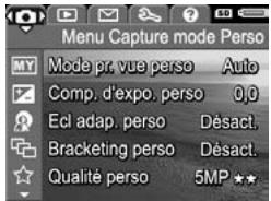 HP PHOTOSMART R817 - Sélection et enregistrement des paramètres favoris en Mode Perso - 1
