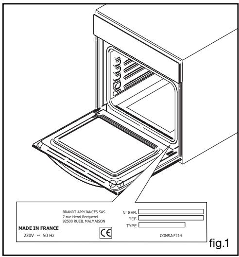 BRANDT APPLIANCES SAS 7 rue Henri Béquardel 92500 RUEB. MALMADON N° SER. REF. TYPE MADE IN FRANCE 230V ~ 50 Hz CE CONS.N°214 fig.1