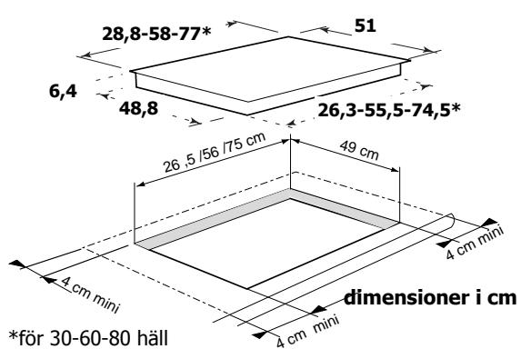 28,8-58-77* 6,4 48,8 51 26,3-55,5-74,5* 26,5/56/75 cm 49 cm 4 cm mini 4 cm mini 4 cm mini *för 30-60-80 häll dimensioner i cm