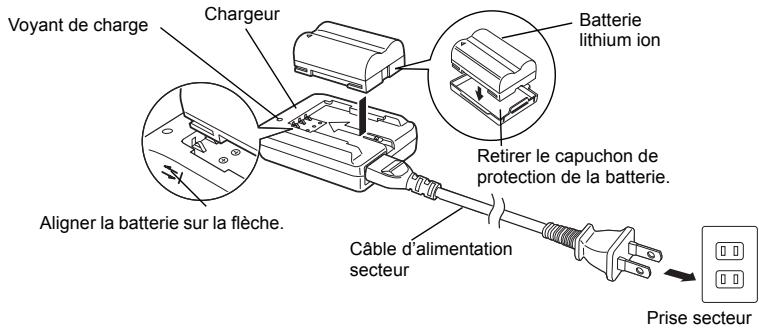 OLYMPUS E-500 - Raccorder le câble d'alimentation secteur et rattachier la batterie au chargeur. - 1