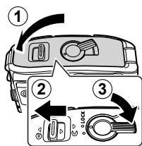 OLYMPUS STYLUS TG-870 - Suivez les étapes ① ② et ③ pour fermer le couvercle de la batterie/ logement de carte/connecteur. - 1