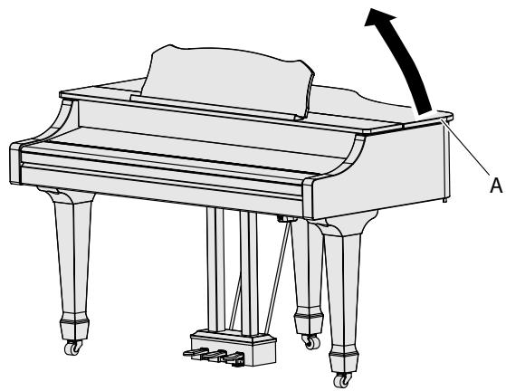 ROLAND RG-1F-SB - Prenez des deux mains la partie droite du couvercle supérieur (du côté des notes les plus hautes : position a dans l'illustration) et soulevez-le doucement. - 1