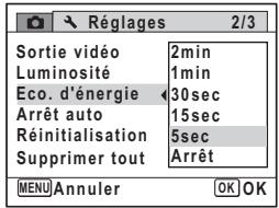 PENTAX OPTIO P80 - Utilisez le bouton de navigation ( ) pour selectionner le laps de temps qui s'écoule avant l'activation du mode économique d'énergie. - 1