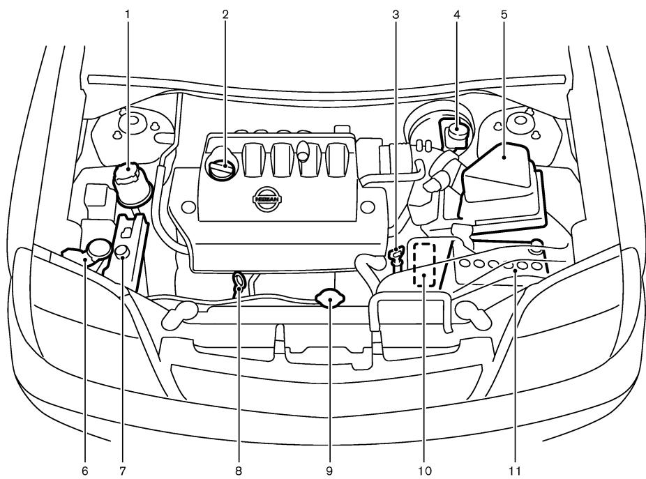 NISSAN X-TRAIL 2006 - POINTS DE VERIFICATION DANS LE COMPARTIMENT-MOTEUR - 1