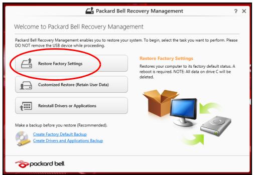 PACKARD BELL TE69KB-12506G1TMNSK - Restaurer les paramètres d'usine avec packard bell recovery management - 1