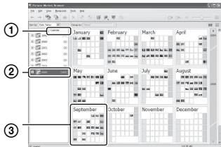 SONY ALPHA 100 - Visione delle immagini in "Viewed folders" (Cartelle viste) ordinate per data di ripresa su un Calendario - 1