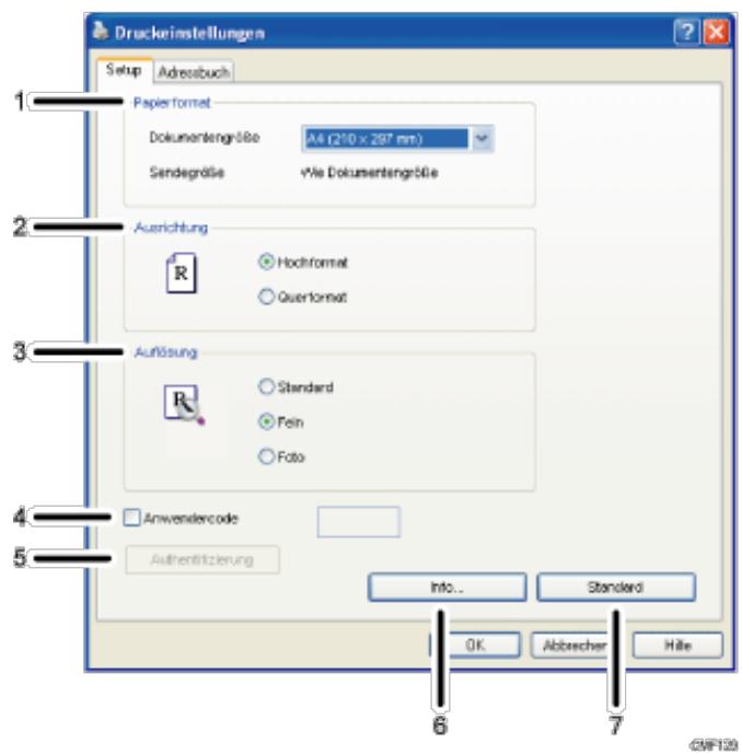 RICOH AFICIO SP3500SF - Einstellungen, die Sie in den Eigenschaften des LAN-Fax-Treibers konfigurieren können - 1