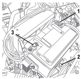 Technical diagram of an automotive engine bay with numbered components labeled 1, 2, and 3